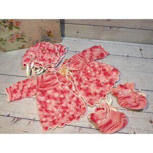 Vintage Hand-Crocheted Infant Sweater Bonnet & Booties Set By Blanche L. Ennis -